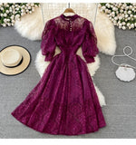 Fongt Wind Collar High-Rise Thin Foam Sleeve Lace Dress Bohemian Seaside Holiday Dress Dress
