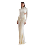 Fongt New Women's Long-Sleeved Folded Splicing Thin Dress Dress Dress