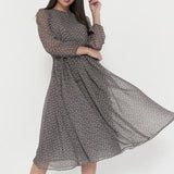 Women's Long Sleeve Black Chiffon Printed Round Neck Lace Dot Formal