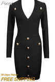 2023 New Elegant Long-Sleeved Rose Red Button Tight Bandage Dress Summer Women'S Sexy Deep V-Neck Mini Party