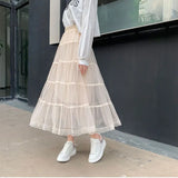 Fongt New Long Lace Layer Patchwork Mesh Skirt Over The Knee A Word Versatile Vertical Skirt Female Autumn-Outfit