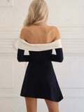 Off-Shoulder Color Block Long Sleeve Mini Dress-Outfit