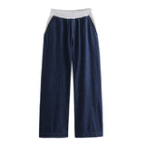 Fongt 2023 New Denim Splicing Hoodie Elastic Waist Patchwork Color Pants Suit 0085844-Outfit