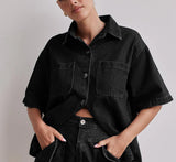Fongt Summer Women's Casual Retro Loose Shirt Denim Shorts Set Denim
