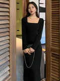 Midi Dress Spring Summer 2023 New Elegant Fashion Office Lady Long Sleeves Solid Color Women Slim Party Clothes