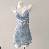 Fongt Sexy Sling Pyjamas Women's New Embossed Blue Hollow Lace Mesh Yarn Short Pyjamas Pure Desire High Sense