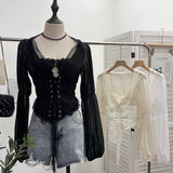 French Court Wind Strapped With Waist Fish Bone Shirt Lace Shirt Back Waist To Take Short Top