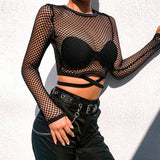 Fongt Wind Grid Stitched Cross-Tieed Air-Screen Sunscreen Shirt Sexy Perspective Shorts Umbilly T-Shirt Top