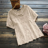 Vintage Women Lace Crochet Blouse Summer Short Sleeve Hollow Out Tunic Tops Solid Embroidery Shirt Casual Blusas