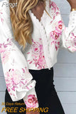 Women Elegant V-Neck Patchwork Print Button Blouse Shirts 2023 Spring Fashion Off Shoulder Pullover Tops Office Lady Slim