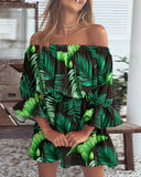 Fongt Sexy Fashion One-Word Shoulder Print Dress Women's Spot-Outfit