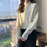 Fongt Winter New Style Inside Build Small Head Bottom Lady Sweater Jacket Pure Color Half High Turtleneck Short Sweater Woman-Outfit