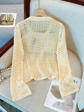 New Korean Version Of Cave Sweater Loose Blouse Round Neck Sweater Hollowed-Out Sunscreen Long-Sleeved Blouse-Outfit
