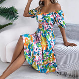 Spring And Summer Leisure Flowers Lead Short Sleeves To Close The Waist Lotus Leaf Side A Dress Women's