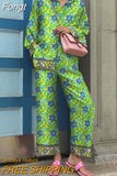 Autumn Vintage Pants Outfits Elegant Turn Down Collar Lady Casual Matching Set 2023 Women Printing Loose Two Pieces