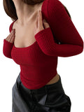 Women Long Sleeve Pullover T-shirt Casual Solid Color Square Neck Crop Tops Streetwear Clubwear Womens