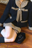 Vintage Two Piece Set Women Patchwork Elegant Sweet Y2K Mini Skirt Suit Female Korean Bow Chic Party Skirt Set Winter