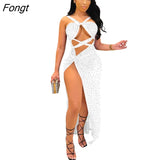 Women Sexy Hollow Out Diamonds Maxi Dress Spaghetti Straps Backless High Split Long Party Robe Night Club Wear