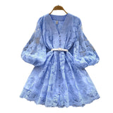 Fongt Sweet Court Style V-Neck Lantern Sleeve Embroidery Collection Thin Single Buckle A Word Elegant Dress Woman