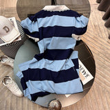 Women Blue Short Sleeve Split T-shirt Dress 2023 Summer Loose Mid-length Over-knee Stripe Splicing Lace Neck One Piece