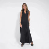 Fongt Summer New Fashion V-Neck Sleeveless Loose Thin Simple Solid Color Long