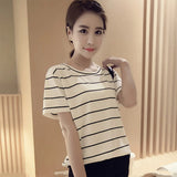 Fongt New Summer 2024 Korean Version Loose Large-Size Striped Short-Sleeved T-Shirt Women's Top Bottom Shirt Women's