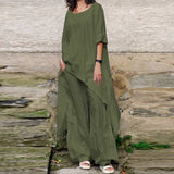 ZANZEA Fashion 2PCS Wide Leg Pants Sets Spring O-Neck Long Sleeve Blouse Suits Oversized Women's Tracksuit Casual Solid