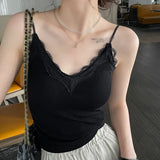 Fashion Korean Version Women's Crop Top Solid Color Lace Stitching V Neck With Chest Pad Sleeveless Tank Tops-Outfit