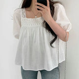 Crochet Square Collar Puff Sleeve Blouse-Outfit