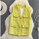 New Spring All-Matching Slim Fit Solid Color Vest Tweed Jacket Vest Women's Fashion Single-Breasted Tassel
