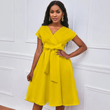 Fongt V-Neck Solid Color Waist Bow Tie With Large Swing Dress Dress Dress Dress Dress Dress
