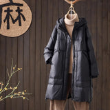 New Chinese Down Jacket Female Long Style 2024 Winter New Hat Retro Art Over The Knee Loose Thick Plus Size Coat-Outfit