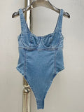 Denim Playsuits For Women Square Collar Sleeveless High Waist Patchwork Solid Minimalist Playsuit Female Summer