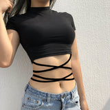 Fongt New Bottom Shirt Solid Color Sexy Hot Girl Tie Short-Sleeved T-Shirt Women's Clothing-Outfit
