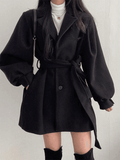 Puff Sleeve Belted Woolen Coat-Outfit