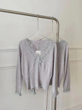 Sweet Soft Wool Cardigan Slim Women Patched Lace V Neck Full Sleeve Solid Color Autumn Spring Sweater Shirts-Outfit
