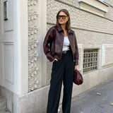 Burgundy Pu Leather Zipper Biker Jacket-Outfit