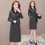 Plaid 2 Piece Dress Sets Spring Fall Elegant Long Sleeve Cropped Jacket Slim Ol Lapel Dresses Suits Oversize 4xl