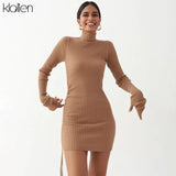 Autumn New Sweater Dress Women Long Sleeve Turtleneck Knit Solid Slim Drawstring Bodycon Dress Thicken Warm