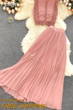 Chiffon Two Piece Sets Women Summer Sleeveless Tank Tops Blouse and Pleated Long Skirts Outfits Ladies Elegant