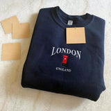 London Telephone Booth Embroidered Fleece Pullover-Outfit