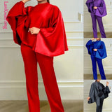 New Solid Color Bat Sleeves Loose Top Slim Fit Pants Two Piece Fashion Winter Elastic Cape Set-Outfit