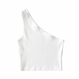 Fongt Autumn / Winter Ebay Sleeveless Diagonal Shoulder Vest Female Ins Fashion Wear A Slim Open Shoulder Short Crop Top-Outfit