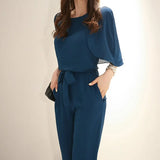 Summer Long Jumpsuit Women Lace Up Romper Office Lady Female Elegant Jumpsuit Short Sleeve