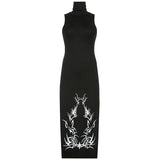 Dark Split Side Summer Dress Gothic Sexy Slim Turtleneck Sleeeveless Long Dresses For Women 2021 Party Night Club