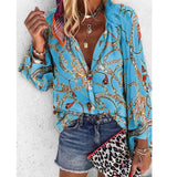 New Design Plus Size Women Blouse V-neck Long Sleeve Chains Print Loose casual Shirts Womens Tops And