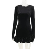 Black Velvet Long Sleeve Puff Trim Bodycon Mini Dress-Outfit