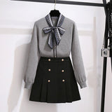 Ladies Elegant Two Pieces Set Korean Bow Collar Long Sleeve Knitted Sweater Top And Black A-line Midi Skirts