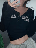 Black Long Sleeve Rib Crop Top with Letter