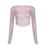 Fongt Girl Pure Desire Lace Splicing T Shirt New Square Collar Slim Bow Irregular Bottom Jacket-Outfit